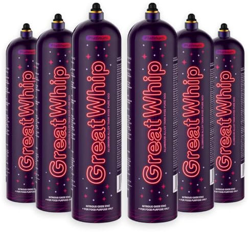 GreatWhip 640g x 6 N2O Lachgas Zylinder für Sahnebereiter, 99.99% Lachgas Flasche Aluminium Zylinder für Sahnebereiter,Lachgas Kaufen Perfekt für die Zubereitung auf Partys (6 Zylinder)