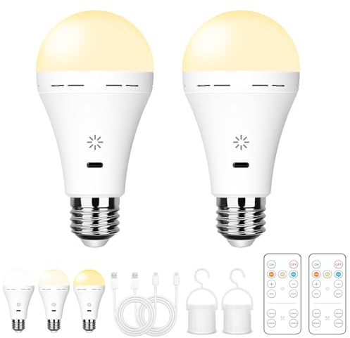 USB Rechargeable Light Bulb With Remote Control, 3 Color Temperature LED Dimmable Battery Powered Light Bulbs, E27 7W Touch Control Bulb With Timer, Emergency Light Bulb With Hook, 2600mah,2 PACK