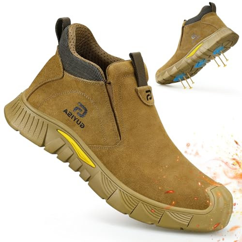 LAoutun Steel Toe Cap Boots Mens Womens CE Certified Work Boots No Lace Slip-on Safety Boot Work Safety Shoes Lightweight Durable Protective Shoes