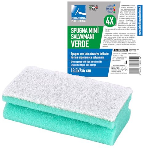 La Briantina Spugne Sagomate Salvamani Mimì 4 Pezzi, Fibra Abrasiva Antigraffio Accoppiata con Spugna Sintetica, 13,5x7x4 cm, Colore Verde