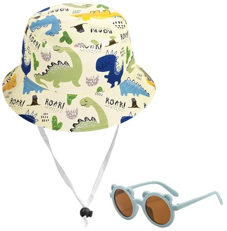 ZGDEIWGF Chapeau de Soleil Dinosaure avec Lunettes d'Ours - Accessoire de Plage et Pêcheur en Plein Air pour Tout-Petits - Style Dessin Animé