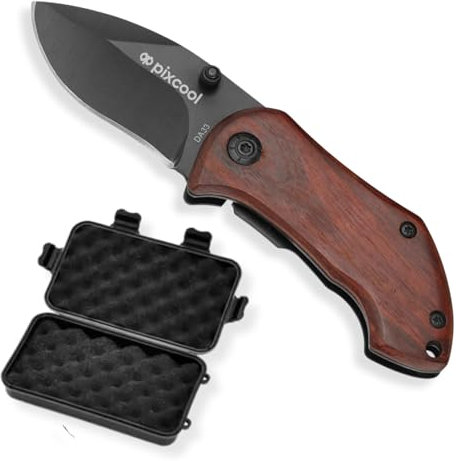 Pixcool | Fickkniv, svart vikkniv i rostfritt stål + vattentät låda | EDC-kniv med fickklämma | present till man pappa
