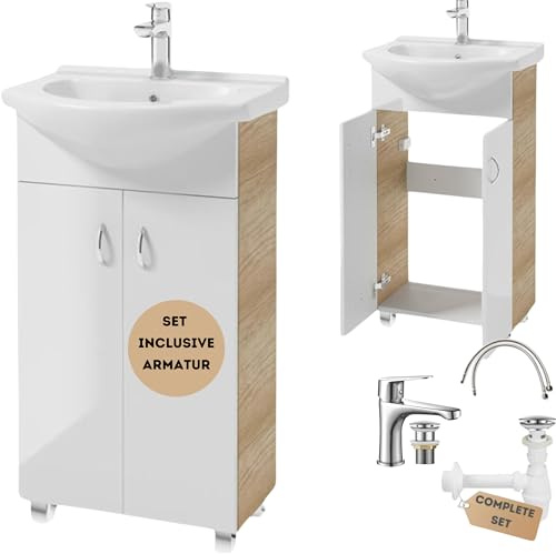 Deftrans Domodomo - Armadietto da bagno con lavabo, 80 x 50 x 26 cm, in ceramica, per piccolo bagno, rubinetto, sifone, clic clic