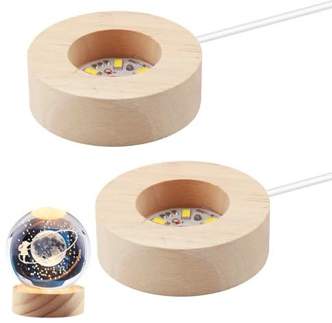 QTMMC 2 Pack Wooden LED Light Base Wood Light Display Base Stand Round Wooden Lighted Base for 3D Crystal Ball Laser Glass Resin Art Warm Color Light USB Cable with Switch 6 x 6 cm Round