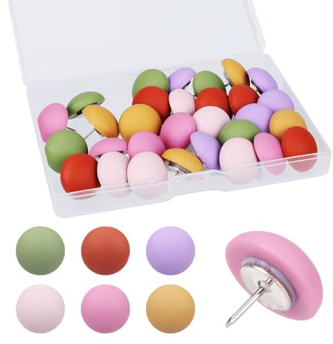 30stk Matte Reißzwecken, Wiederverwendbare Dekorative Reißzwecken Niedliche Harz Bunte Runde Karten-Reißzwecken für Fotos Wand Pinnwand Korktafel Homeoffice Klassenzimmer(Helle Farben)