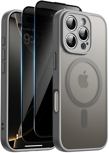 Helssitot Coque Magnétique pour iPhone 16 Pro avec 2 Verre Trempé Anti-Espion Compatible avec MagSafe Militaire Étui Housse Antichoc Bumper Militaire 6,3 Pouces-Gris