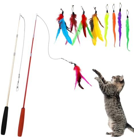 WEELOO Feather Teaser Cat Toys 11pcs, Retractable Interactive Fishing Rods