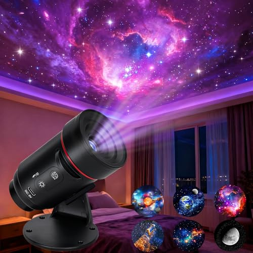 Winvery Stjärnhimmel, projektorlampa, 3D Galaxy projector, 4K hem planetarium, projektor, lampa för barn, vuxna med 10 skivor, nattljusläge, 360° roterande ändar, för sovrum