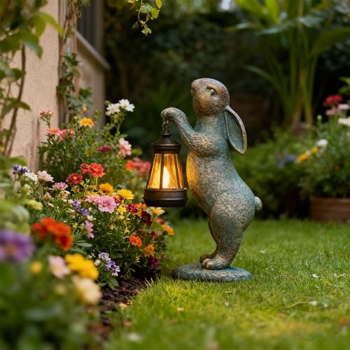 Fesatccoz Figura de Conejo con lámpara Solar Resistente a la Intemperie, Estatua de jardín de Resina, decoración de jardín al Aire Libre para Patio césped y Camino