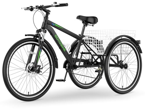 MOPHOTO Adult Mountain Tricycle, 7-Speed 3 Wheel Mountain Bike for Adults, 24/26/27.5 Inch Cruiser Trike with Front Disc Brake, Front Suspension Fork, Rear Cargo Basket, 350lbs Capacity, Men & Women