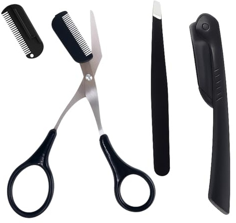 Tijeras de Precisión para Cejas Profesionales con Peine Integrado, Antideslizantes, Mango Negro y Acabado Plateado, Ideales para Hombre y Mujer, Tijera Ceja, Tijeras para Cejas y Moldeador