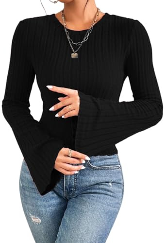Sukiglam Pull Femme Manches Longues Chic et Elegant Col Rond Tee Shirt à Manche Cloche Haut Sexy Top Court Moulant Pullover Décontracté Chemisiers Automne Hiver Mode Blouse de Soirée