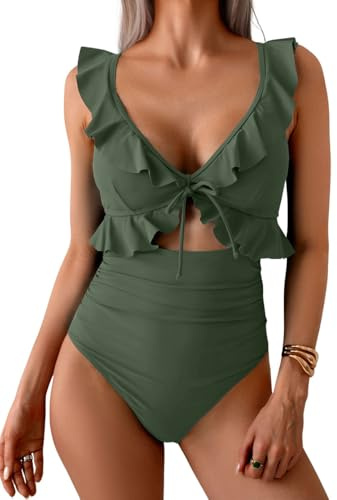 CheChury Maillot de Bain Une Pièce Femme à Volants Dos Nu avec Dos à Nœud Bretelles Ajustables Ventre Plat Maillot 1 Pièce Coussinets Amovibles Élégante Été Piscine Plage,Vert,M
