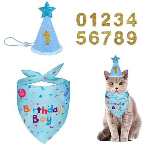 Bandana Anniversaire Chien et Chat Bleu - Ensemble de Décoration Festive avec Foulard Doux pour Petit Animal - Accessoire de Fête Idéal pour Chiot, Chaton et Célébrations Spéciales