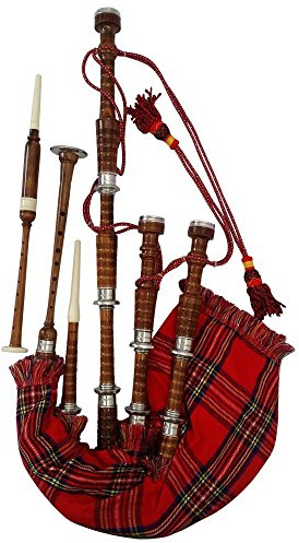 Scottish Bagpipe Rosewood Royal Stewart Tartan Natural Color with Silver Plain Mounts Free Tutor Book, Carrying Bag, Drone, Reeds