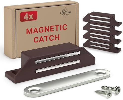 LouMaxx Stark magnetisk magnet - hållkraft 8 kg - set med 4 delar i brunt - dörrmagnet - magnetisk stängning - skruvmagnet, magnetisk stängning av skåp - magnetisk dörrstängare