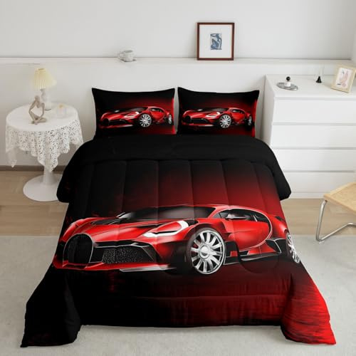 Feelyou Race Car Comforter Toddler Twin, Red Racecar Bedding Set for Kids Boys Girls Down Duvet Insert Set Cool Speed Sports Car Bedroom Decor Quilt Comforter with 1 Pillowcase Warm Bedding