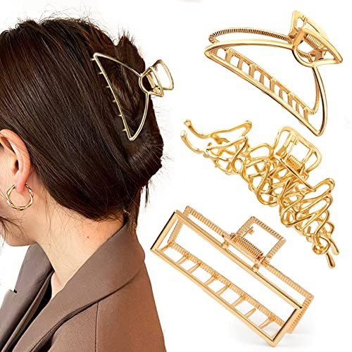 Mehayi Lot de 3 grandes pinces à cheveux résistantes et mignonnes en alliage de métal doré pour femmes et filles, pour cheveux épais et fins, tendance pour fête et mariage