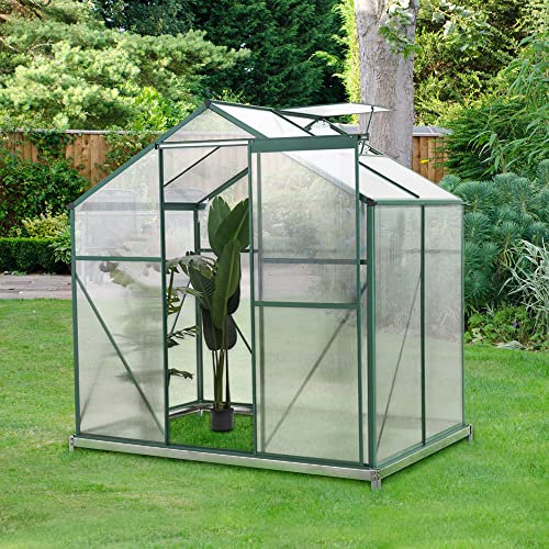 Panana 4 x 6FT Polycarbonate Greenhouse, Large Walk-In Garden Greenhouse with Slide Door and Window, Galvanized Aluminium for Plants, Flowers, 192x131x184cm, Green