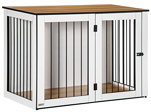 PawHut muebles jaula para perros, jaula para perros con puerta y ventana, mesa auxiliar para casa, caseta para perros grandes de menos de 30 kg, acero, 106 x 60 x 76 cm, roble+blanco