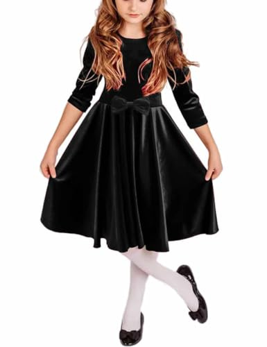 LuckyShe Flower Girl Dress Velvet 3/4 Sleeve Waist Bow Holiday Party Twirl Dresses with Pockets for Girls 4-12T, Black, X-Large