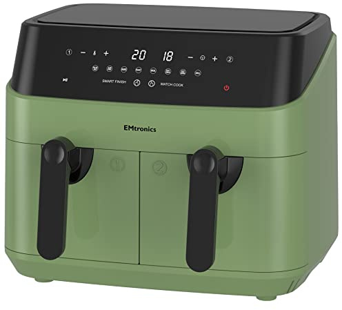 EMtronics EMAFDD9LSG Dual Air Fryer Extra Large Family Size Double XL 9 Litre 8 Adjustable Pre-Set Menus for Oil Free & Low Fat Healthy Cooking, Easy Clean Metal Interior, 99-Minute Timer - Sage Green