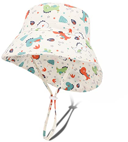 Jupsk Toddler Sun Hat Kids Summer Bucket Hat UPF50 Wide Brim Dinosaur Beach Flap Cap with Adjustable Chin Strap for Child Baby Boys Girls 1-4 Years White
