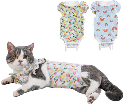 Yeapeeto Cat Recovery Suit 2 Packs After Surgery Bodysuit for Cats, E-Collar Substitute Keep from Licking Abdominal Wounds, Kitten Breathable Clothes, Warm After Shaving (Small)
