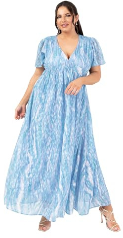 Lovedrobe Women's Ladies Maxi Dress Short Angel Sleeve V-Neckline Trim Detail Empire A-line Casual Wedding Guest Occasion Blue 18