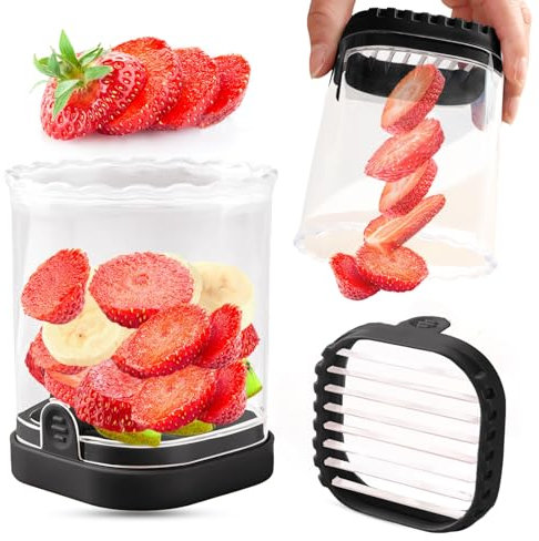 COKSDUPID Coupe à fruits | Trancheuse à fraises | Trancheuse banane | Coupe-raisin | Trancheuse à œufs | Coupe-fruits amovible avec plaque de poussée | Gadget de cuisine créatif (noir)