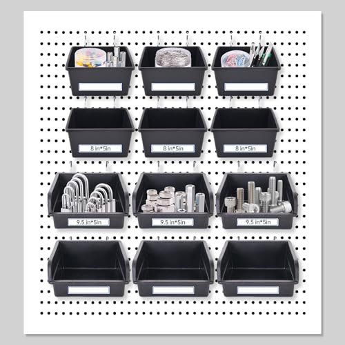 FIFIBANG 6+6 Pcs Boîte pour Panneau Perforé Mural avec Crochets, Pegboard Box Panneau Mural Outils Boite Rangement Atelier Bricolage avec 36 Étiquette Organisateur pour Ongles Vis Garage Boutique Noir