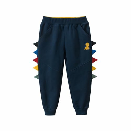 Toddler Boy Cotton Pants Baby Boy Elastic Waist Sweatpants,Toddler Cotton Pull on Jogger Kids Dinosaur Active Jogger Pants with Pockets (Navy, 3-4 Years)