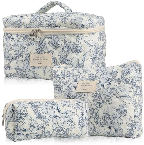MerwDeeyt 3 Pack Floral Cotton Makeup Bag Set for Women Travel
