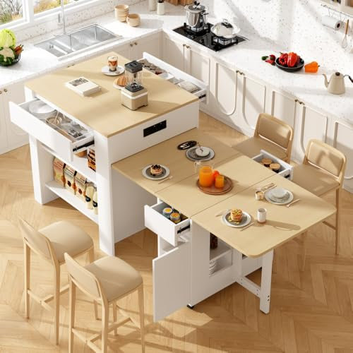 Zubaliya Table de Bar Extensible (110-124×78×97,5cm) pour 2 à 6 Personnes, îlot de Cuisine avec 2 tiroirs, 2 étagères latérales Ouvertes et Prise de Courant intégrée, Plateau en MDF marbré Blanc