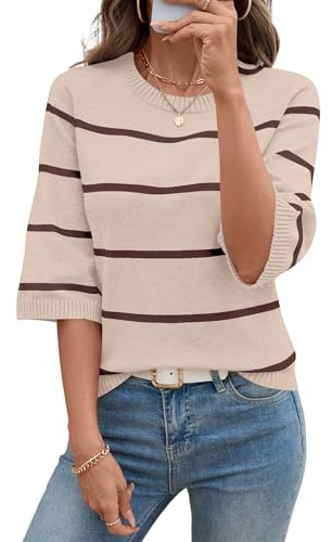 LOMON Sweaters for Women 2025 Fall Crew Neck Striped Bell 3/4 Sleeve Tops Light-Weight Knit Pullover Sweater, XL