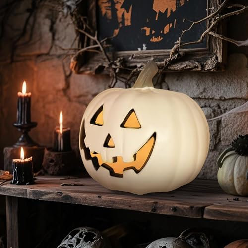 Zucca con Illuminazione a LED, Zucca Halloween Luminosa Grande, Illuminazione Zucche Halloween Decorazione per Interna Esterna (Bianco, 20 cm)