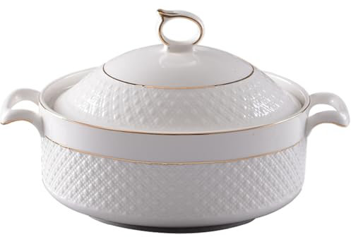 Xoeryoy Soup Tureen Ceramic, 1.5L White Serving Bowls with Gold Border Double Handle Soup Tureen with Lid and Ladle Set for Pasta, #·