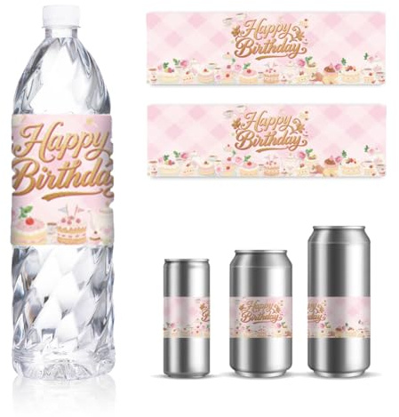 GOMAKERER 30 Sheets Happy Birthday Water Bottle Labels, High Tea Drinking Water Container Labels Self-Adhesive Wraps Sticker for Teen Birthday Party Favor, 21.6x6.4 CM