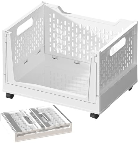 Storage Basket with Wheels - Rolling Foldable Storage Bin Organizer | Multi-Purpose Basket Containers with Handle for Books, Toys, Laundry & Office Supplies, Portable Storages on Wheels