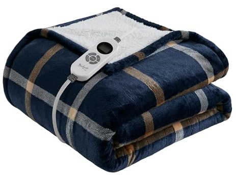 Woolrich Heated Throw Blanket with Ultra Soft Plush and Sherpa Reverse, 12 Heat Settings, Auto Shut-Off, Farmhouse & English Country Gift Throw – Navy Plaid Pattern, 50x60