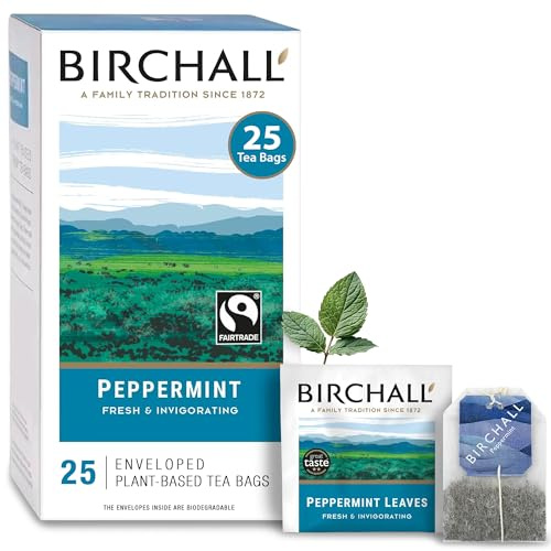 Birchall Tea Bags, Peppermint Tea Gift Set, Caffeine Free Tea Bursting with Full Flavour, Perfect Vegan Gifts, 25 Enveloped Plant-Based Tea Bags