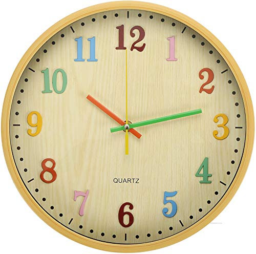 WUWEOT Wanduhr Kinder Lautlos 30cm Modern Quartz Wall Clock für Jungen und Mädchen Farbenfrohe Wanduhr mit Arabisch Ziffer für KInderzimmer Klassenzimmer Schule Rund Gelb