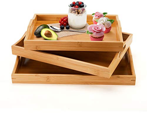 Grand Plateau Repas en Bambou, Petit Déjeuner et Service Rectangulaire - Kit de 3 (Naturel)