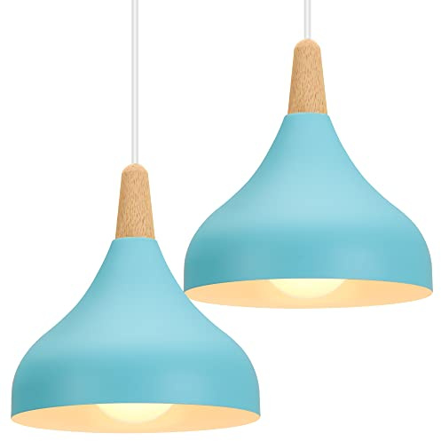 iDEGU Hängelampe Retro E27 Hängeleuchte Moderne Tropfenförmig Hut Deckenleuchte aus Metall Holz Pendelleuchte für Schlafzimmer Esszimmer Küche (Blau, 2 Stücke)