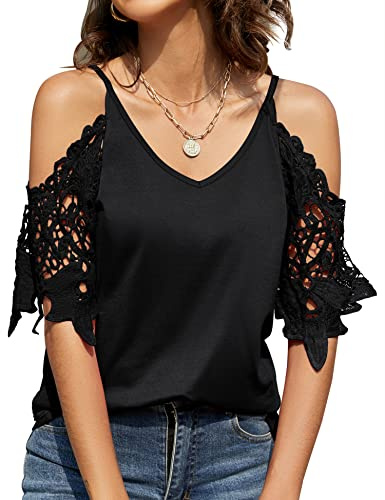 TFSDOD Women Short Sleeve Cold Shoulder T-Shirt Tops Blouses V Neck Cutout Lace Half Sleeve Loose Tee Black Large