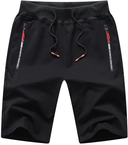 JustSun Short Homme Short Sport Coton Summer Running Jogging Short avec Poches Zippées Noir M