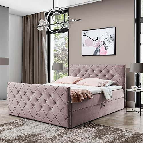 Boxspringbett Doppelbett MONAKO - Bett mit Bonellmatratze, mit Bettkasten für Bettwäsche und Topper. Gepolstertes Kopfteil und Fussteil mit Einer eleganten Steppung verziert (Altrosa, 160x200)