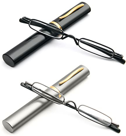 DXYXYO Mini Reading Glasses for Women Men 2 Pack Compact Small Pocket Metal Readers with Portable Case, Black and Grey 1.25 Magnification