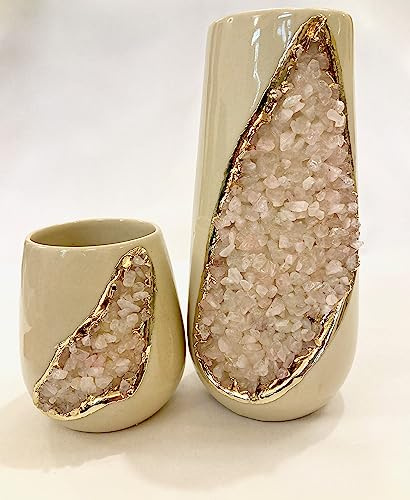 Cream and Gold Ceramic Vase/Planter/Pot/Wine Goblet/Mug with Rose Quartz Semi - Precious Agate Crystal Gemstones |Both(Small & Large), (Gold - Finish)
