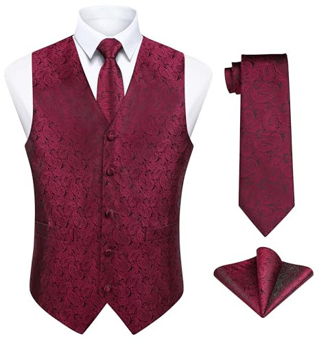 Enlision Waistcoat for Men Red Paisley Floral Jacquard Waistcoat with Necktie and Pocket Square Set Men's Vest Suit Waistcoat for Party Business, L(Chest size 46)…